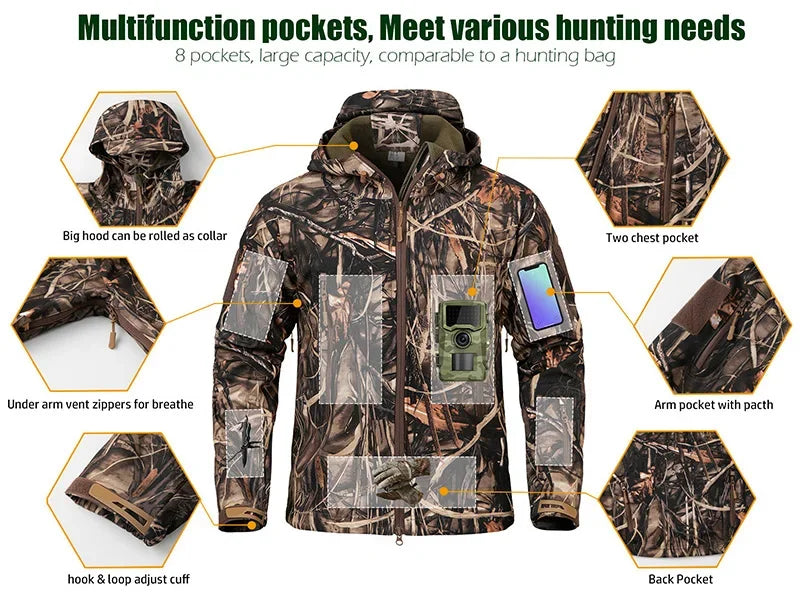 Men's Silent Camouflage Hunting Jacket Waterproof Fleece Lined