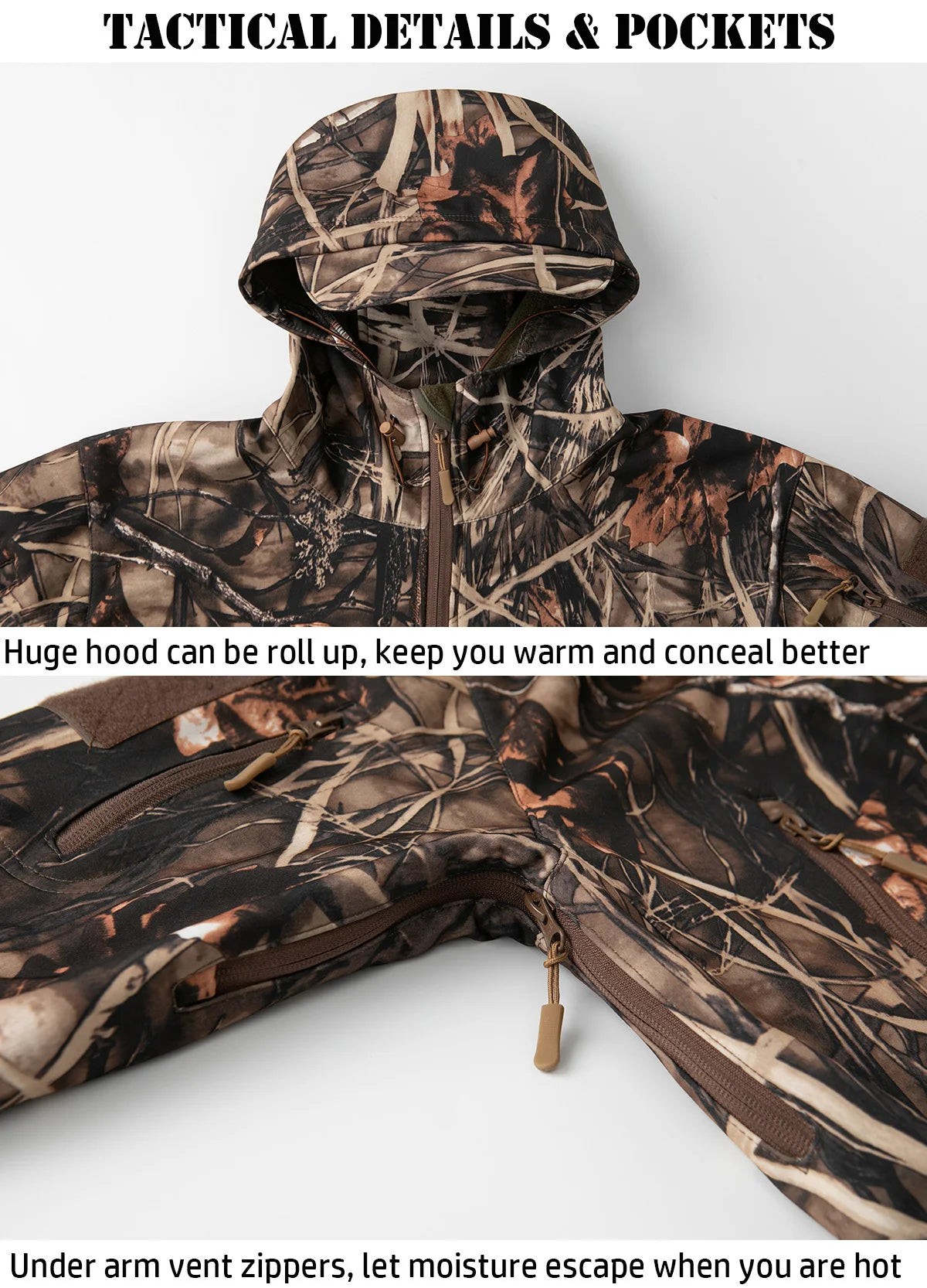 Men's Silent Camouflage Hunting Jacket Waterproof Fleece Lined