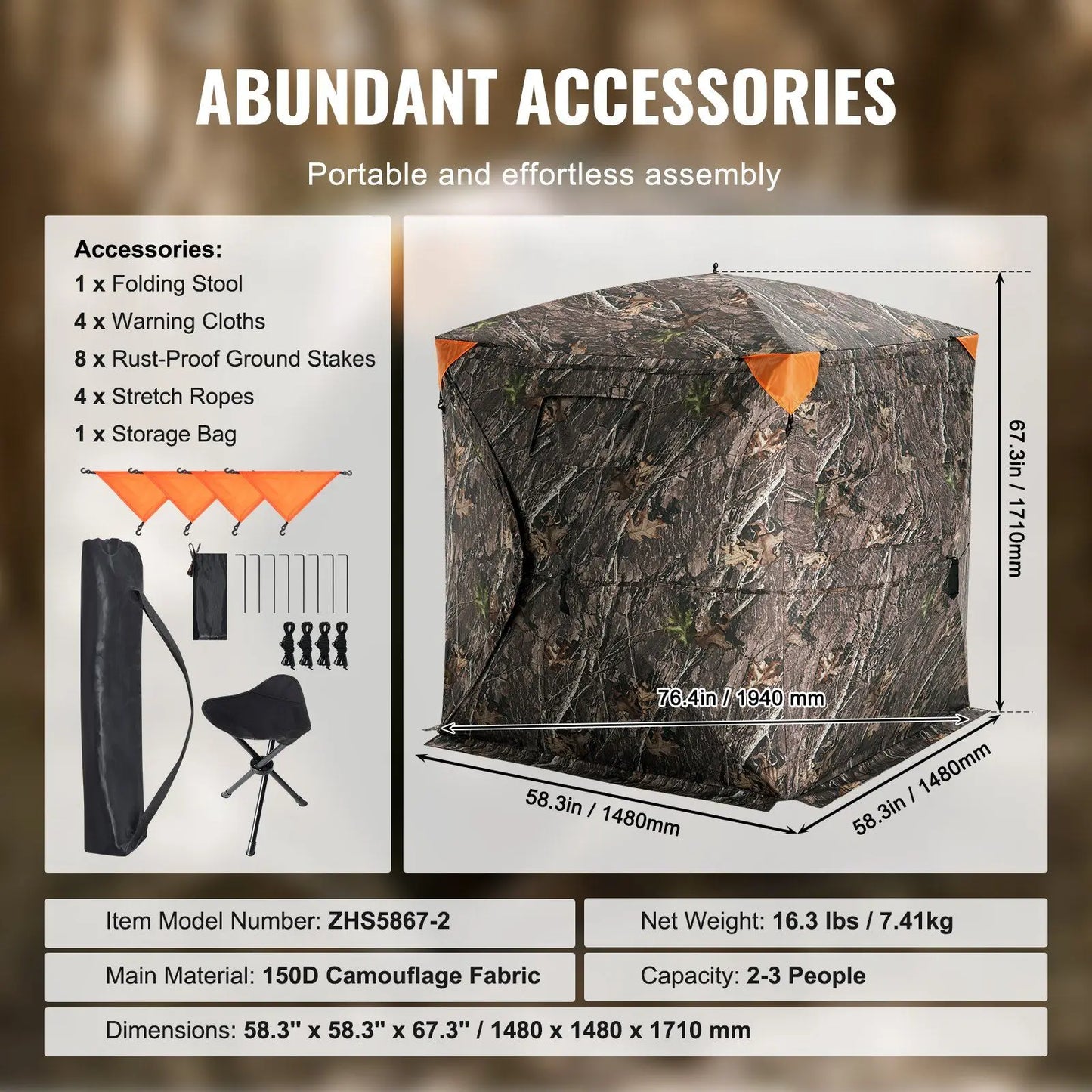 Hunting Blind, 270° See Through Ground Blind, 2-3 Person Pop Up Deer Blind for Hunting with Carrying Bag, Portable Resilient Hun